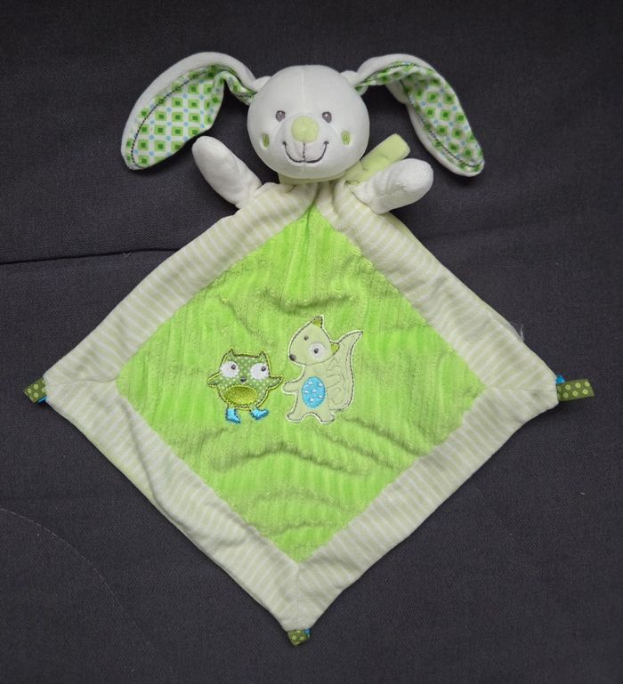 Doudou Lapin losange vert - Renard/ Hibou - Mots d'enfants