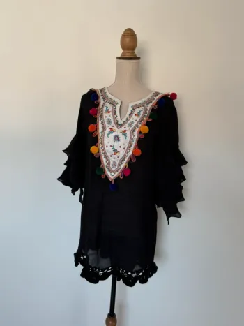 Haut manches noir femme volant plage tailleur M fluide ample L léger été pompons rose blouse t-shirt