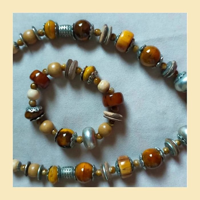 Parure vintage collier + bracelet perles bois & céramique - photo numéro 5