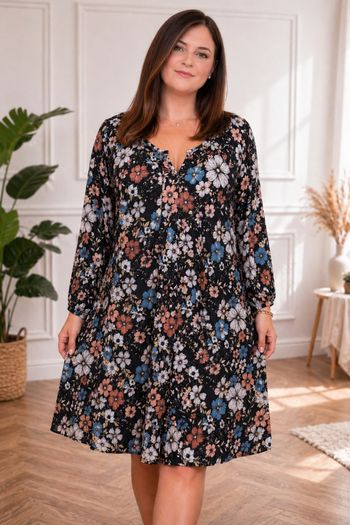 Robe manches longues noire imprimée florale multicolore Femme taille 54 marque Only Carmakoma 💍 