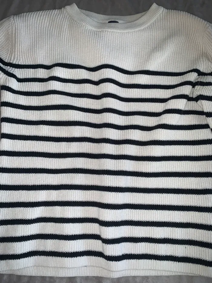 Pull marin blanc rayé bleu marine, coton épais - photo numéro 2