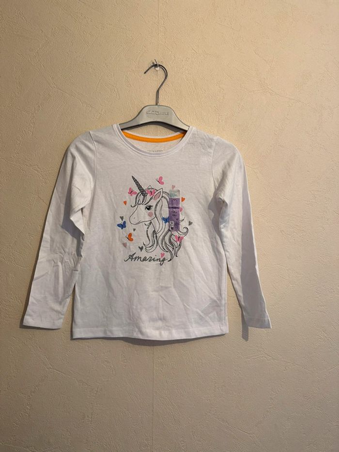 T-shirt blanc en coton manches longues imprimée à licorne fille 7-8 ans