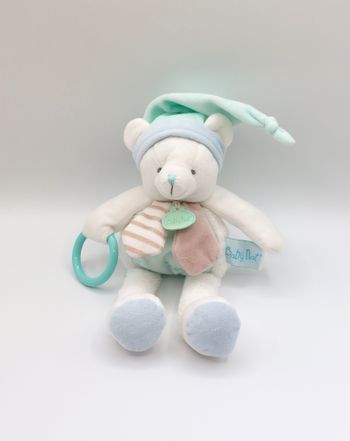 Doudou peluche ours blanc d’activités pouet BABY NAT layette BN0106 bleu vert 27 cm