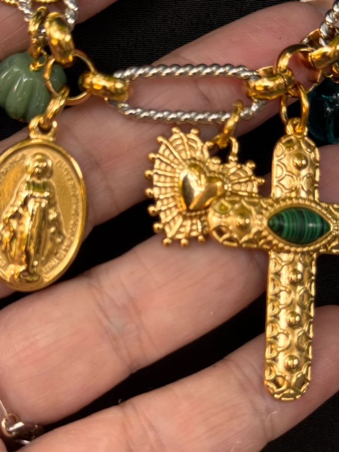 Collier acier inoxydable or et argent  croix vierge perle  pierre cœur ex-voto trèfle habaha Paris - photo numéro 8