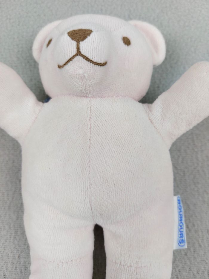Ancien Doudou peluche ours hochet NOUNOURS rose pâle grelot 19 cm vintage - photo numéro 3