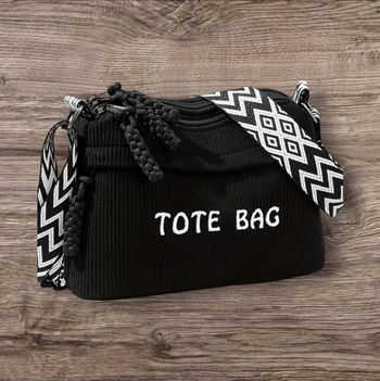 Sac bandoulière Tote Bag noir velours côtelé avec sangle bohème
