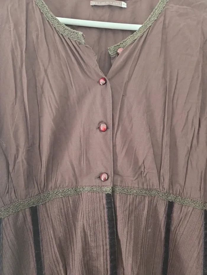 Tunique robe marron femme brodée TBE 100% coton Taille 4 mais il est où le soleil - photo numéro 3