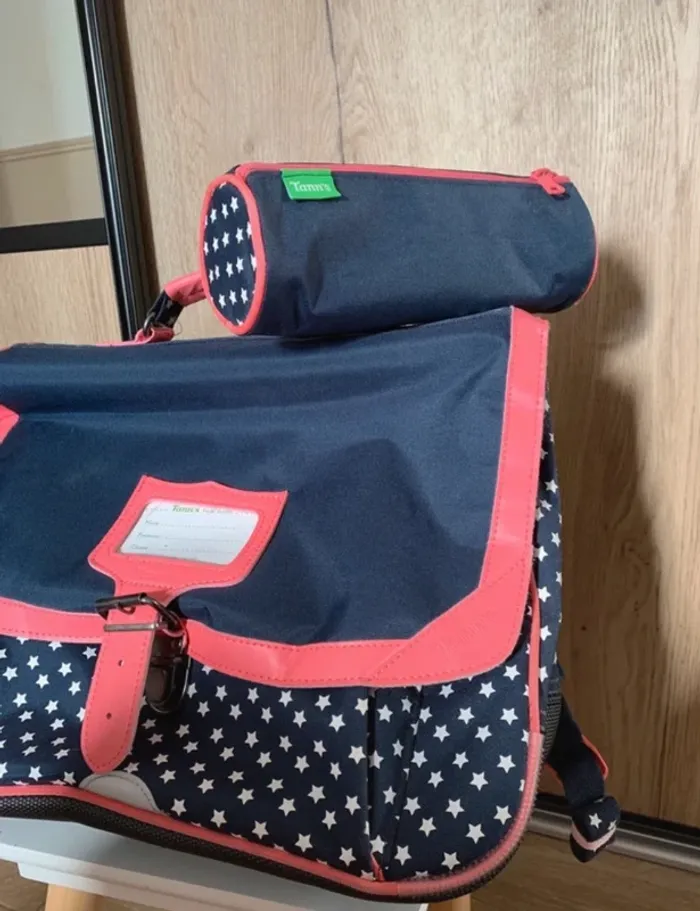 Cartable et trousse Tann's officiel bleu marine et rose - photo numéro 3