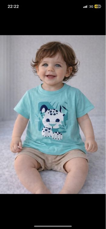 T-shirt garçon Obaïbi 18 mois 90 cm bleu turquoise motif léopard