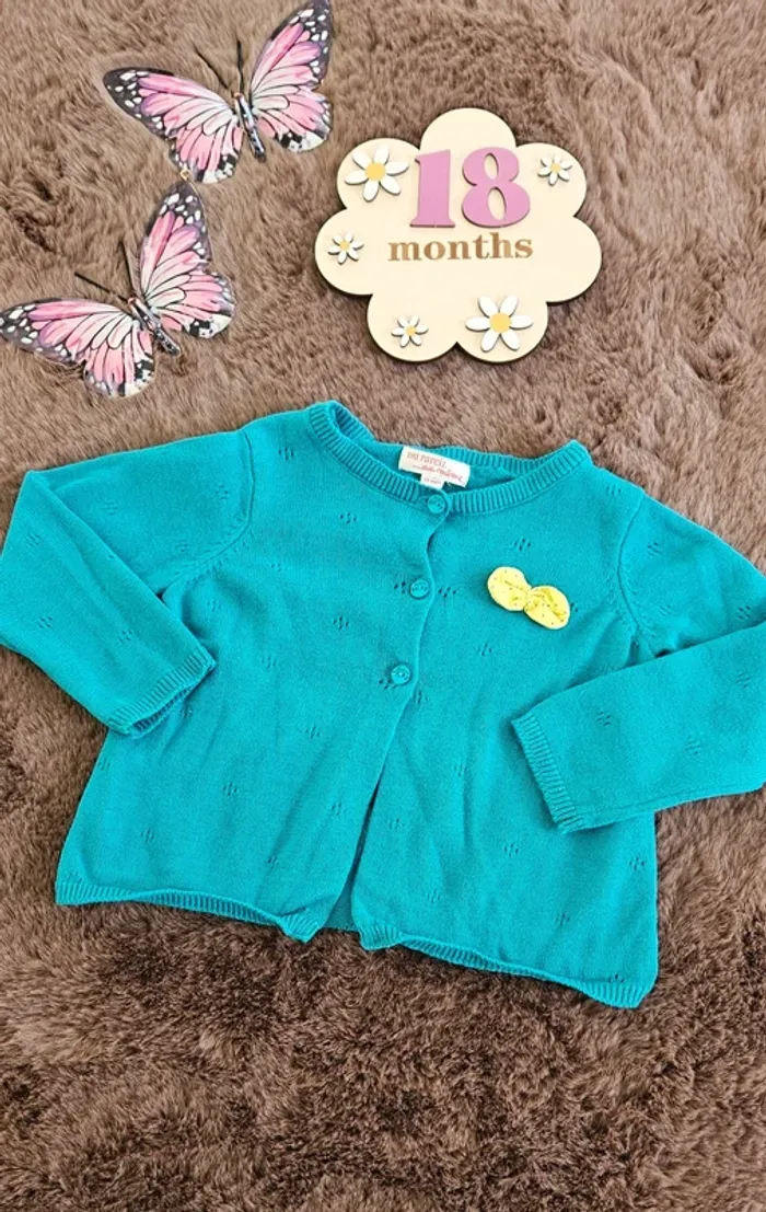 Gilet bleu turquoise nœud jaune 18 mois fille