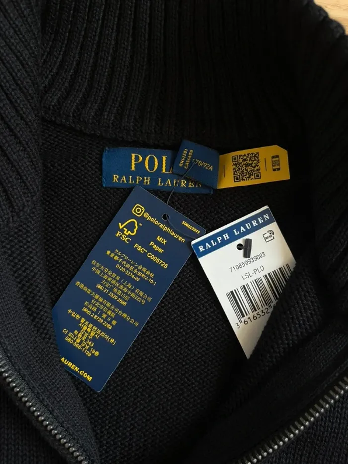 Pull 1/4 Zip Ralph Lauren 100% coton (NEUF) - Noir Logo Brodé Rouge - photo numéro 6