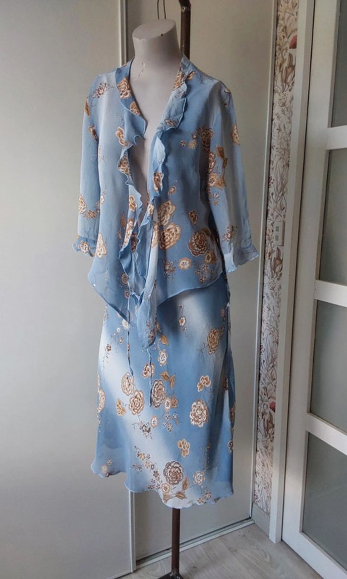 Superbe ensemble fluide Vintage bleu fleuri marron jupe et veste boléro T40 - photo numéro 2