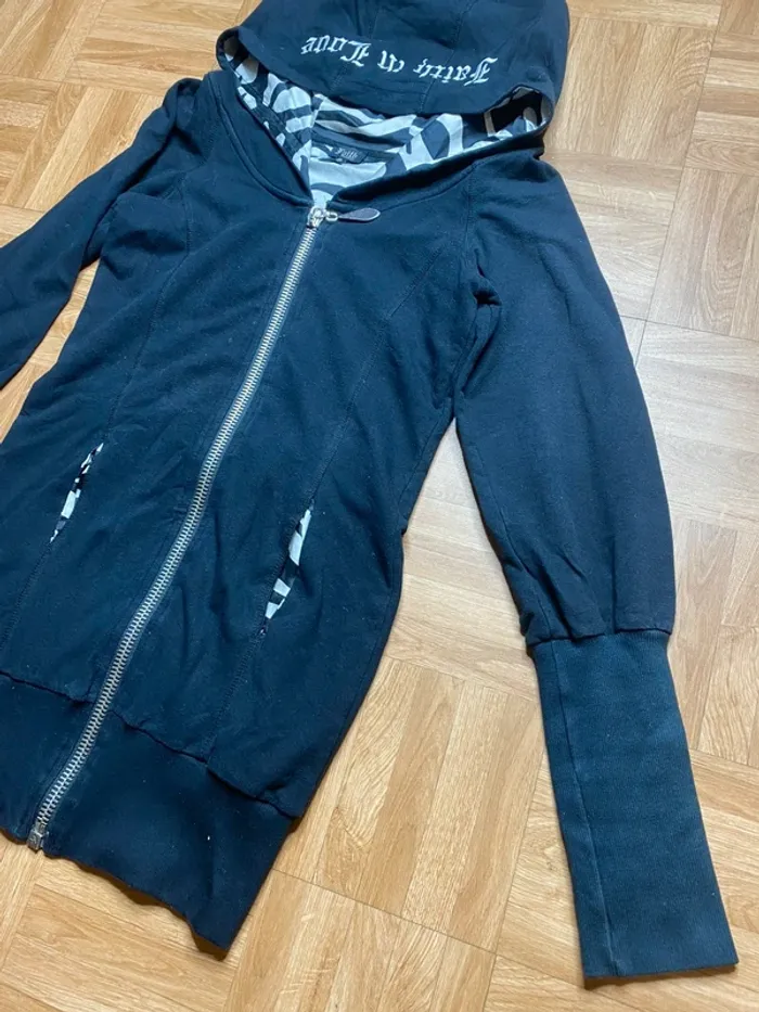 Veste à capuche zippée long noir intérieur zèbre vintage Faith Connexion - photo numéro 3
