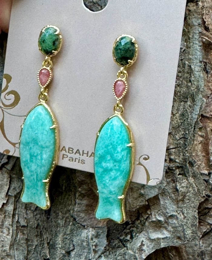 Sublime boucles d’oreilles  acier inoxydable le longues poisson jade vert et rose , amazonite - photo numéro 3