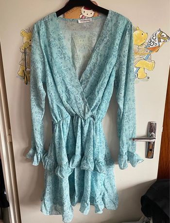 Robe à manches longues bleu turquoise à motifs avec ceinture, taille unique, marque New Collection