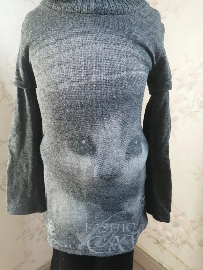Pull tunique gris avec col montant et imprimé tête de chat / fpc / (8ans) - photo numéro 5