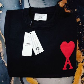 Pull AMI Alexandre Mattiussi Homme Noir Cœur Rouge Taille XL