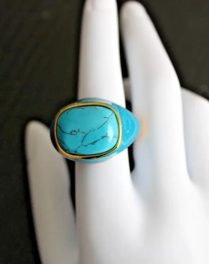 grosse bague cabochon en acier inoxydable doré et turquoise - photo numéro 4