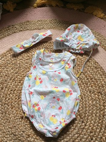 Ensemble barboteuse chapeau bandeau 3 mois