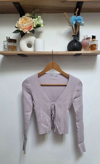 Stradivarius Gilet Cardigan Maille Côtelée Lilas Mauve Noeud Devant Taille S 36