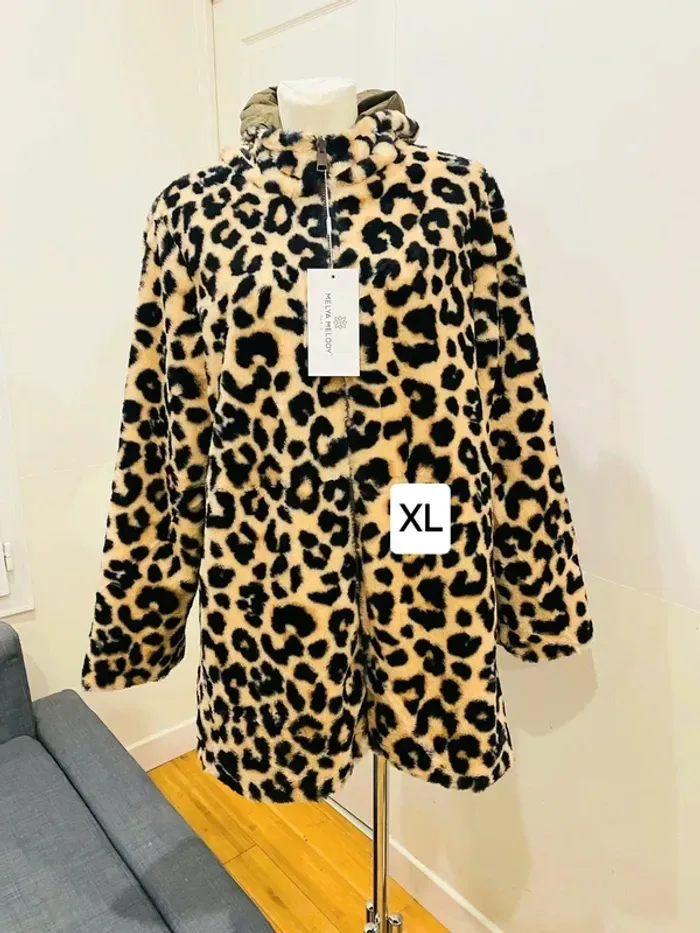 Manteau parka femme imperméable réversible fourré kaki/léopard taille XL - photo numéro 2