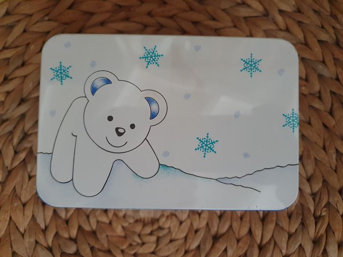 Rare Peluche ours blanc Hauteur 10 cm avec sa boite métal Vert Baudet - photo numéro 2