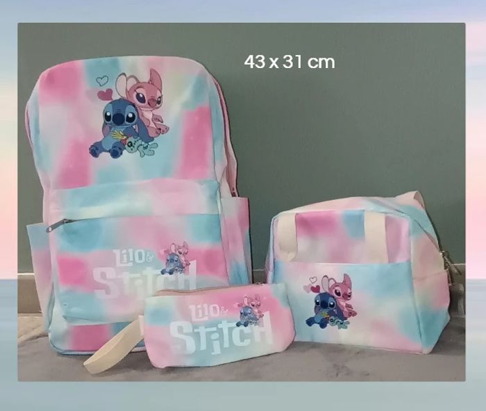 🎒Ensemble scolaire Sac à Dos, Lunchbox et Trousse Stitch & Angel rose et bleu