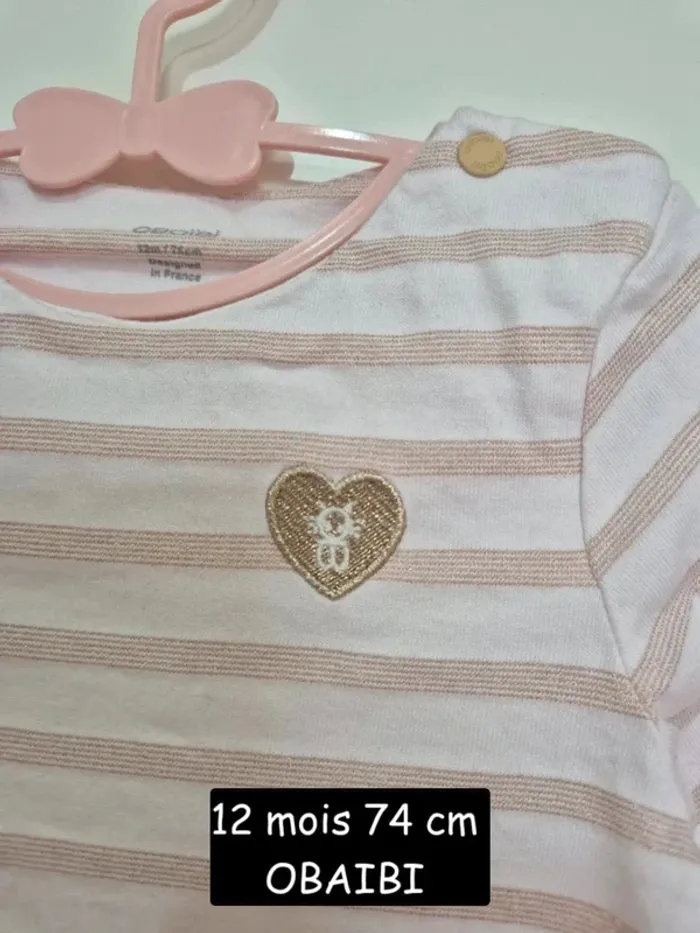 Collection 2025 T-shirt marinière rayé OBAIBI 12 mois 74cm  coton bio rose bébé fille - photo numéro 2