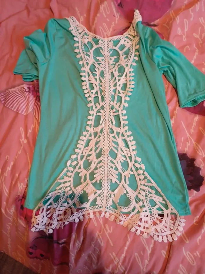 Joli tee shirt dos macramé vert d eau taille M - photo numéro 5