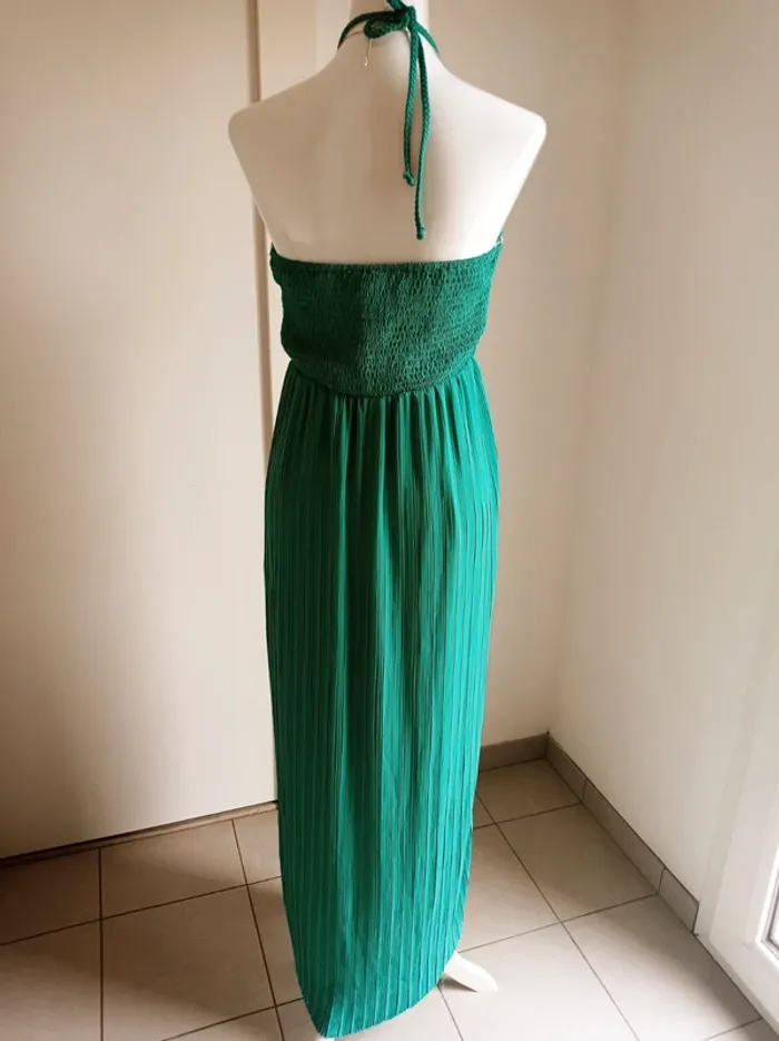 Robe verte bustier longue plissée avec attache cou T.M Charlior - photo numéro 3