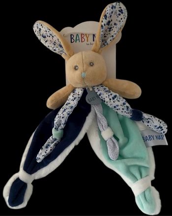 ❤️B3867 Doudou Plat BABY NAT Babynat Lapin POUPI Marine Bleu blanc fleur