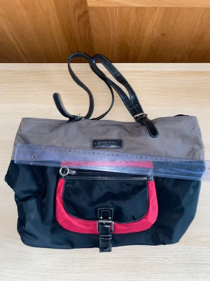 Sac à main fourre tout grand tissu Lancaster Paris rouge gris noir - photo numéro 6