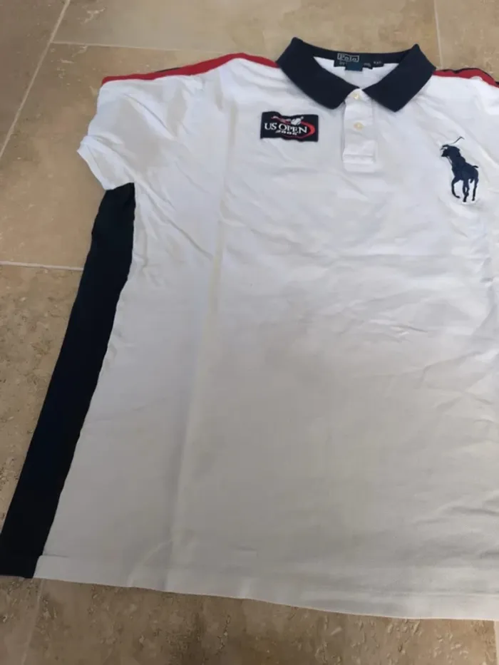 Joli Polo Ralph Lauren XXL blanc logo marine US Open 2008 collector tâché - photo numéro 13