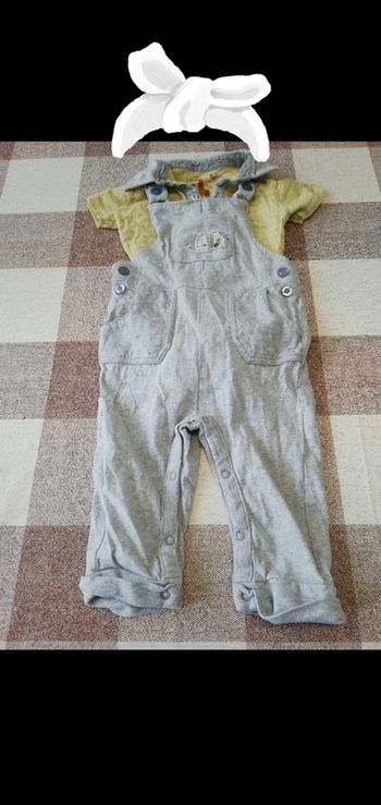 Ensemble salopette body col polo gris/jaune 12/18 mois