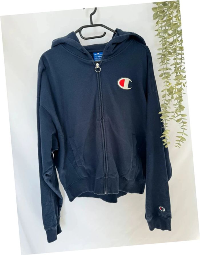Sweat à capuche/ Hoodie full zip Champion bleu marine taille XL - photo numéro 2