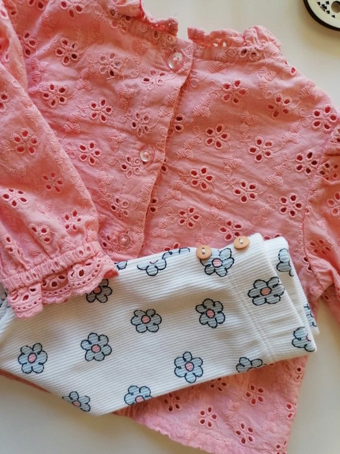 Ensemble blouse broderie + legging fleuri - 3 mois - photo numéro 4