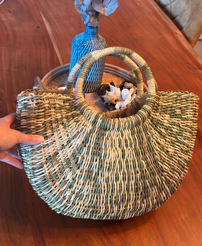Sac panier rond tressé artisanal en osier naturel – Porté main - photo numéro 3