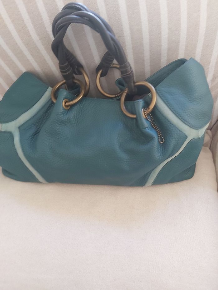 Sac à main cabas turquoise &  anse tressé - photo numéro 3