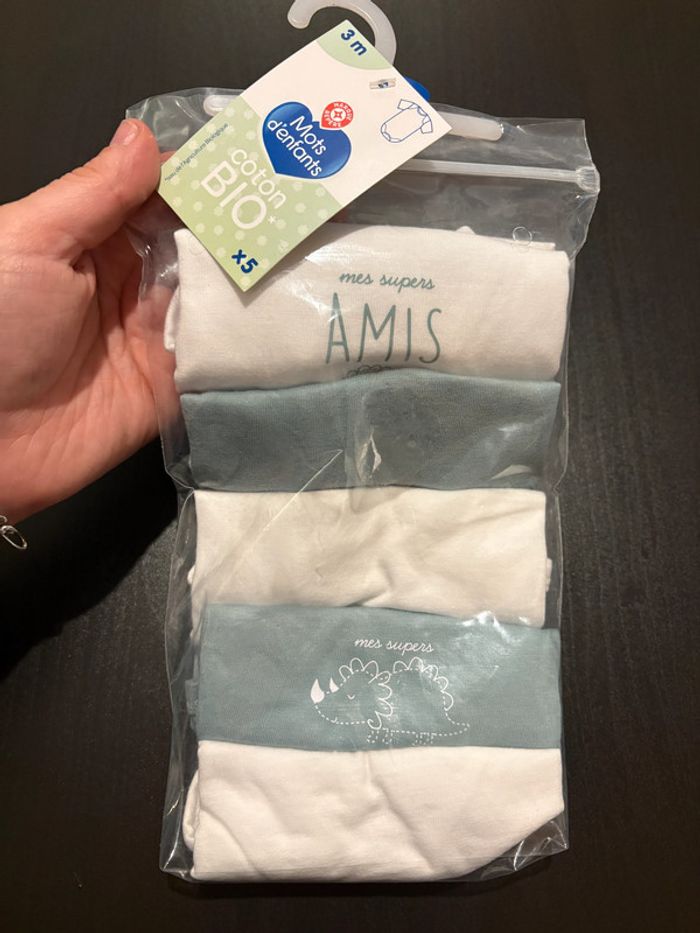 Lot de 5 bodies « Mes supers amis » Manches courtes Mots d’enfants Taille 3 mois