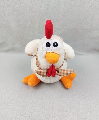 Peluche sac doudou coq poule blanche FIZZI foulard carreaux 30 cm sos doudou