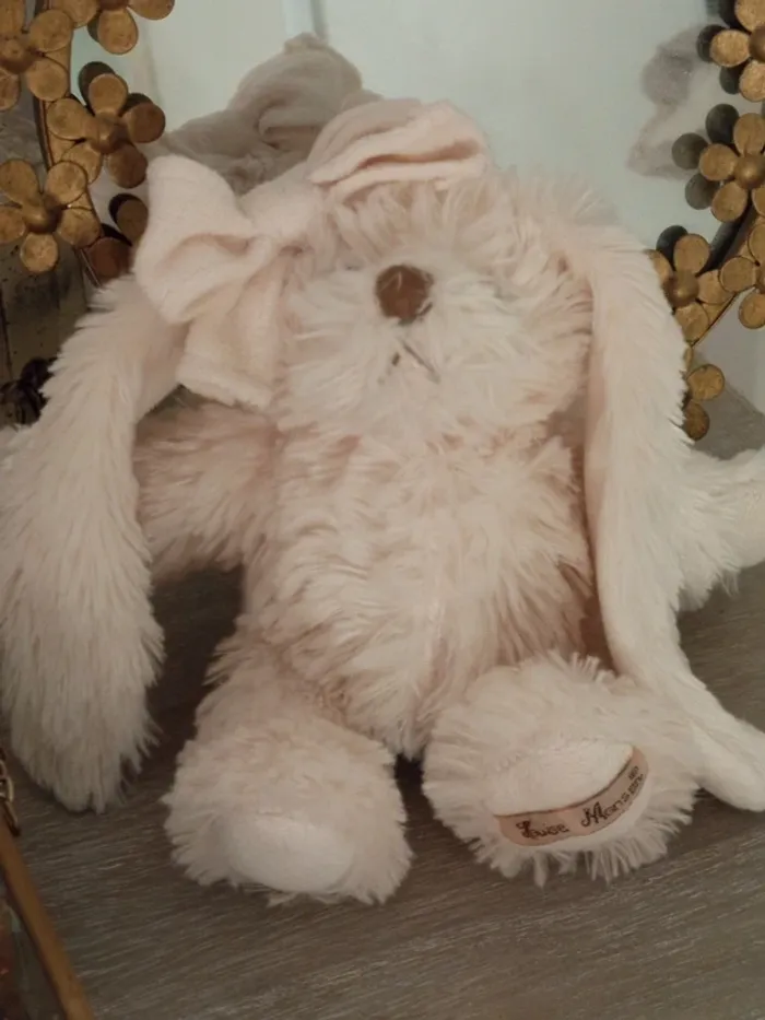 Lapin doudou écru grand noeud Louise Mansen - photo numéro 4
