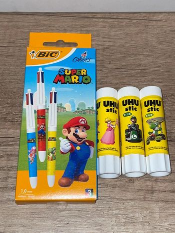 Lot stylo 4 couleurs bic + colle uhu bic Mario