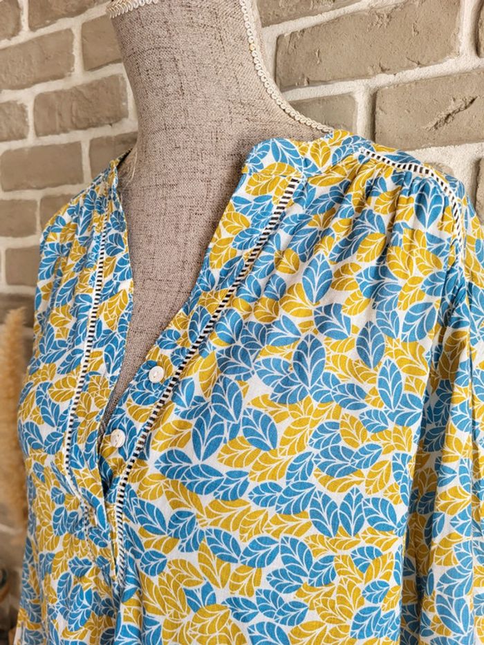 Blouse imprimée feuillage jaune moutarde et bleu clair - rétro champêtre - photo numéro 6