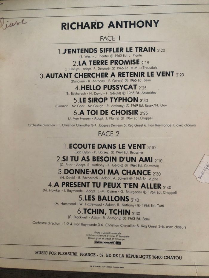 Vinyle 33t Richard Anthony - photo numéro 2