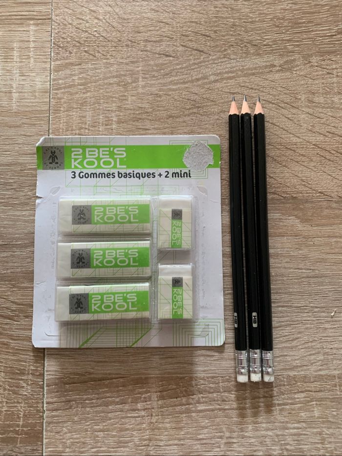 3 gommes basiques + 2 mini + 3 crayons à papier HB