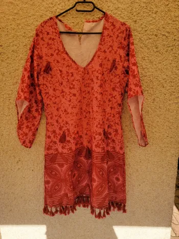 Robe ethnique vintage manche évasée à motif grunge mosaïque