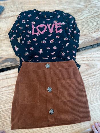 Ensemble 3 4 ans c&a shein jupe côtelé t-shirt fleurs love