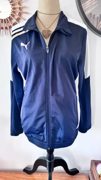 Veste a capuche zip bleue marine rayée blanche taille 38 M #puma