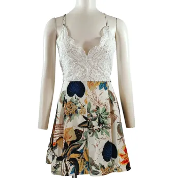 Combishort blanc dentelle et imprimé tropical, fines bretelles croisées, taille XL A1209