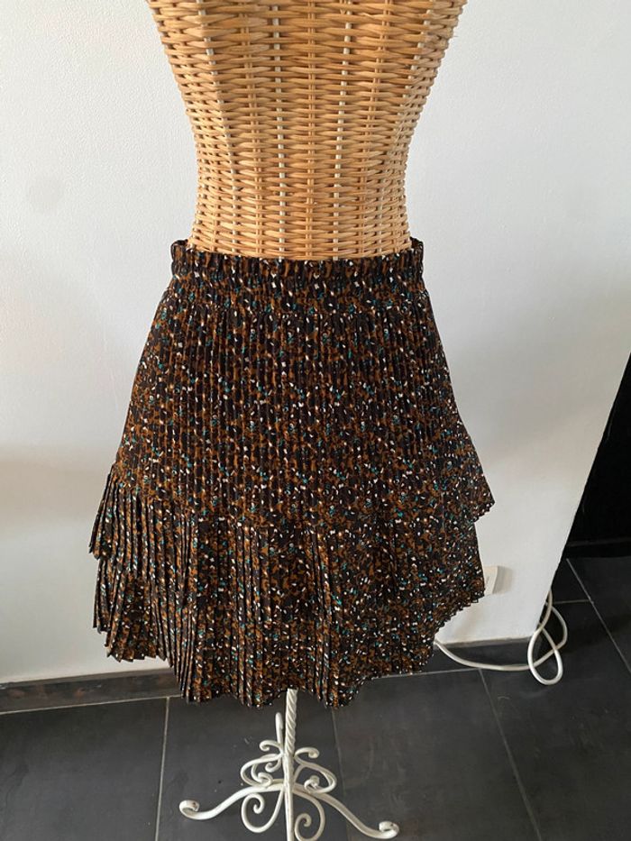 Jupe Promod plissée marron noire crème et bleu à volants taille 38 - photo numéro 2